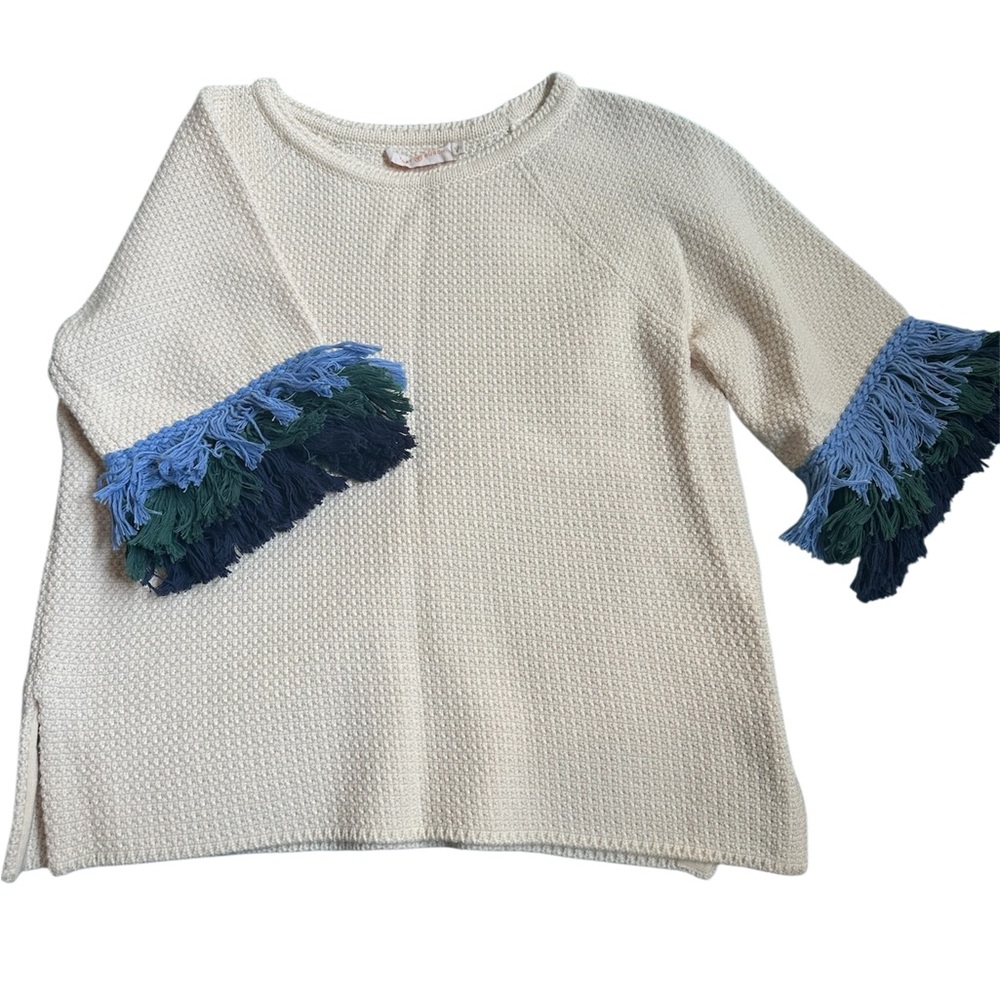 Tory Burch Cream Sweater with Blue and Green Fringe